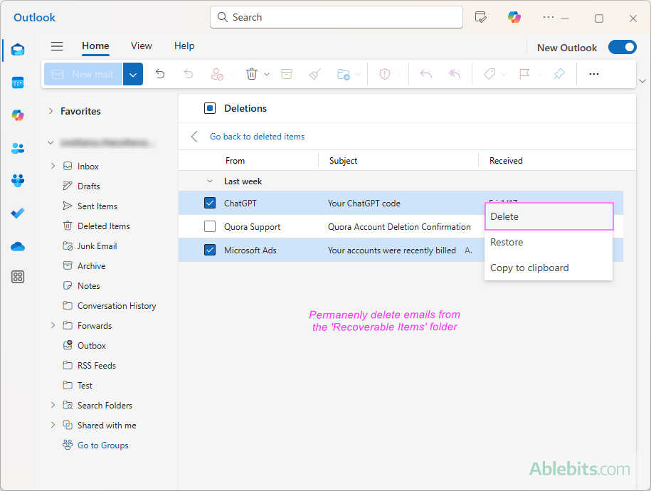 Permanently deleting emails from Outlook.
