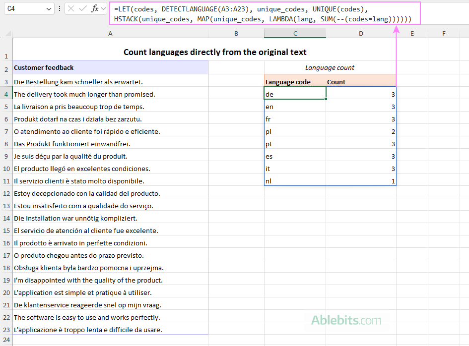 Detect and count languages in a range with a single formula.