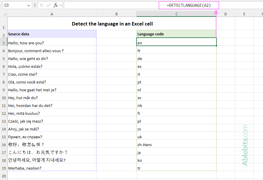Detect the language in an Excel cell with a DETECTLANGUAGE formula.