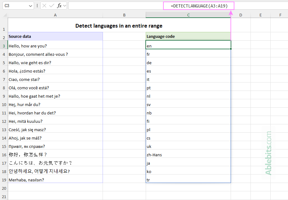 Detect languages in an entire range using a single dynamic array formula.