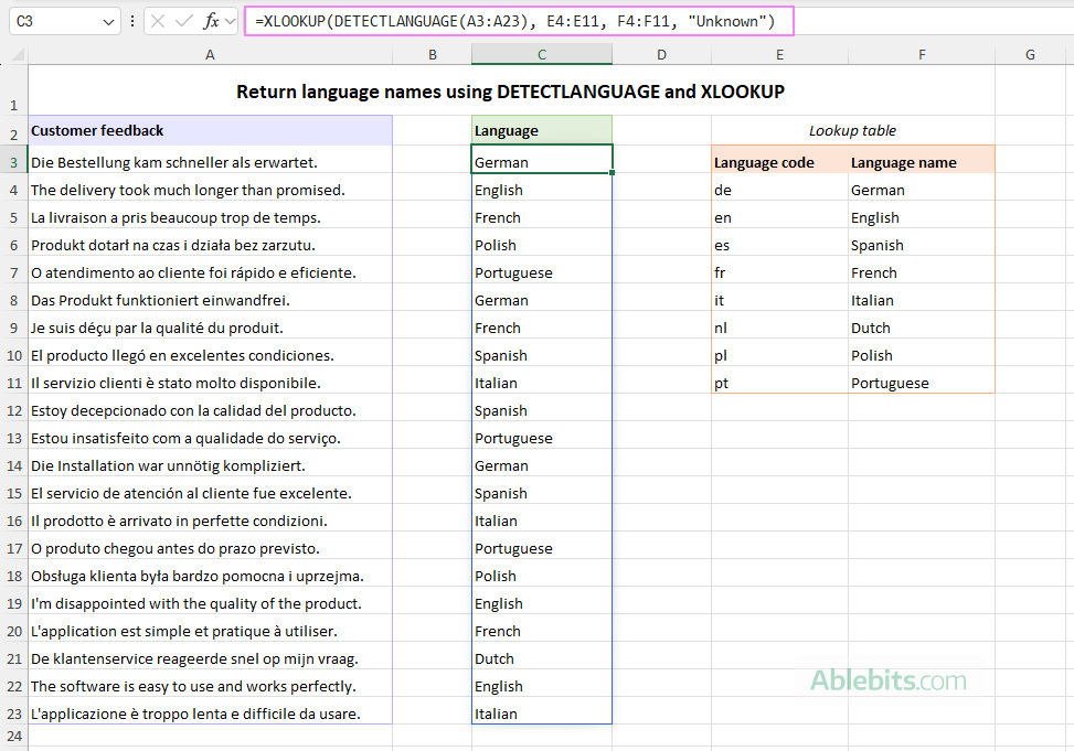 Retrieve multiple language names using DETECTLANGUAGE and XLOOKUP.