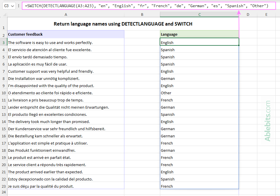 Return full language names by combining DETECTLANGUAGE with SWITCH.