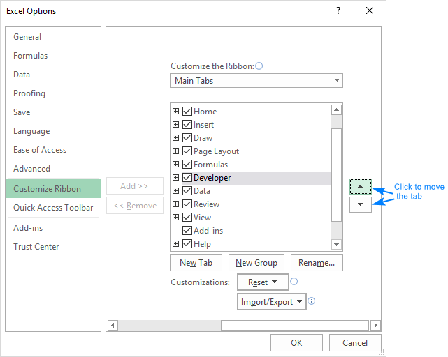 Reposition the Developer tab on the Excel ribbon