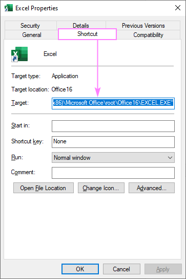 Get the target of your Excel shortcut.