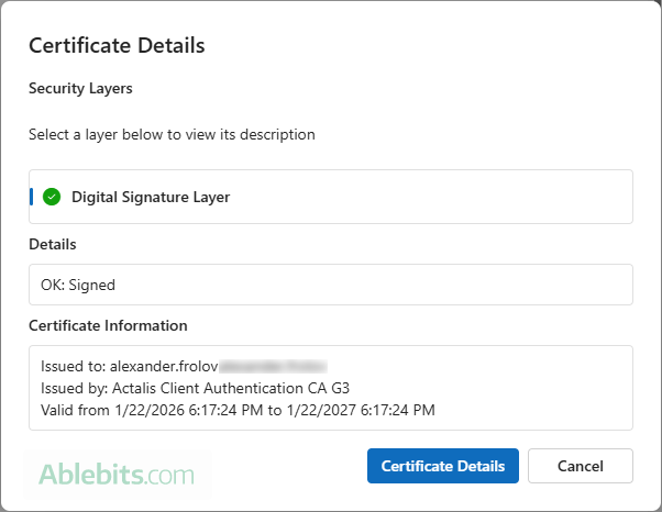 View the email certificate details.