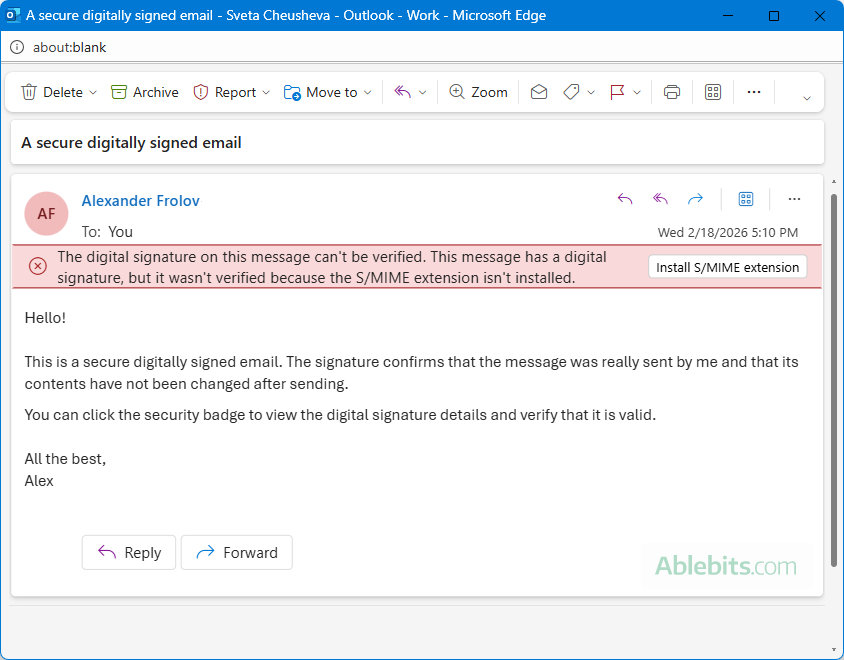A digital signature can't be verified in Outlook.com.