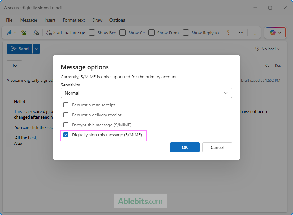 Digitally sign an email in the new Outlook.