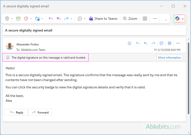 A digitally signed email in Outlook