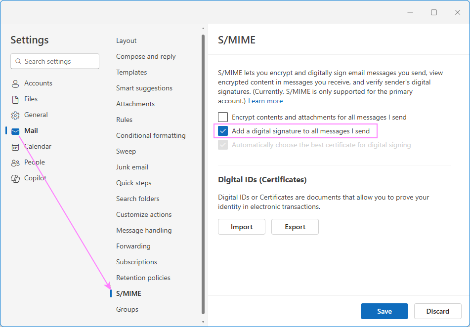 Add a digital signature to all messages in the new Outlook.