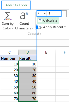 Divide in Excel by using the Calculate tools