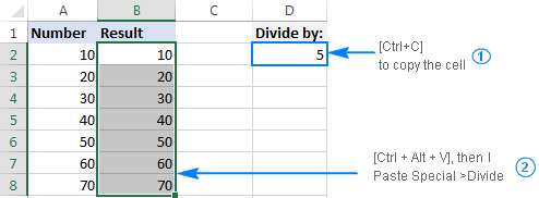 Dividing a column by a number with Paste Special