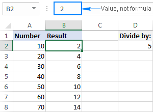 Selected numbers are divided by the specified number, and the results are values, not formulas.