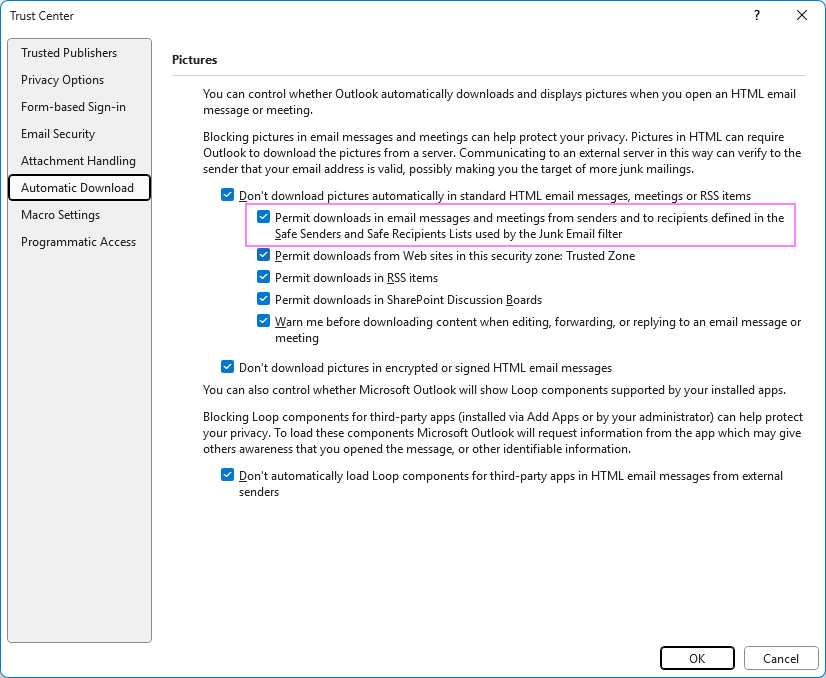 Auto download pictures from certain senders in Outlook.