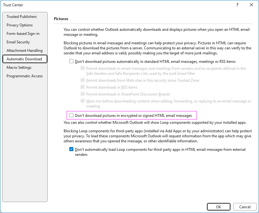 Allow auto downloading pictures in encrypted or signed Outlook emails.