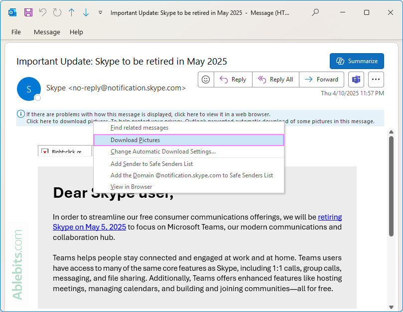 Unblock image downloads in an Outlook email. Unblock image downloads in an Outlook email.