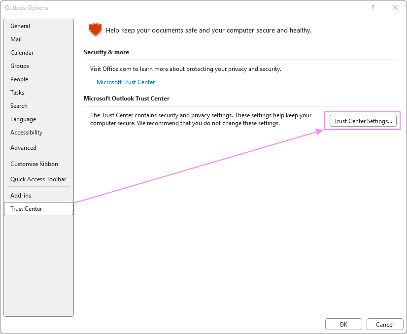 Access the Trust Center Settings in Outlook.