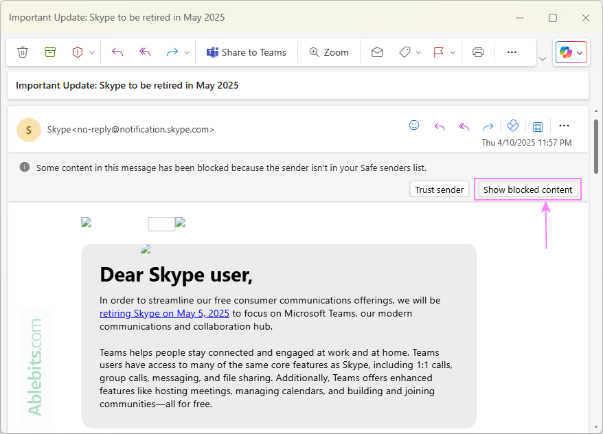 Show blocked pictures in the new Outlook.
