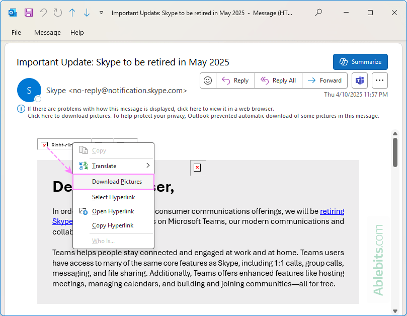 Download images and other external content in a single Outlook message.