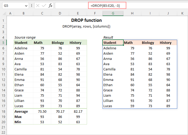 Excel DROP function to remove certain rows or columns from array