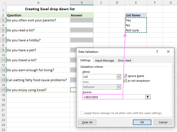 Make a drop-down menu from a range of cells