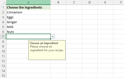 Excel drop down list with message.