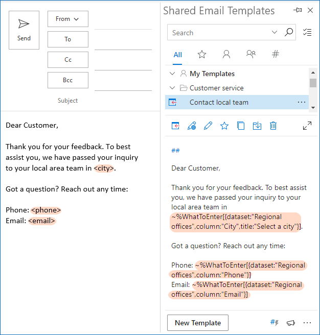 Outlook email template with a dropdown populated from a database