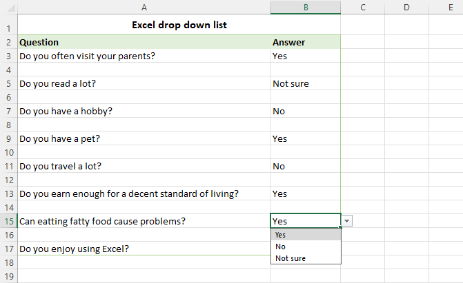 Excel drop down list