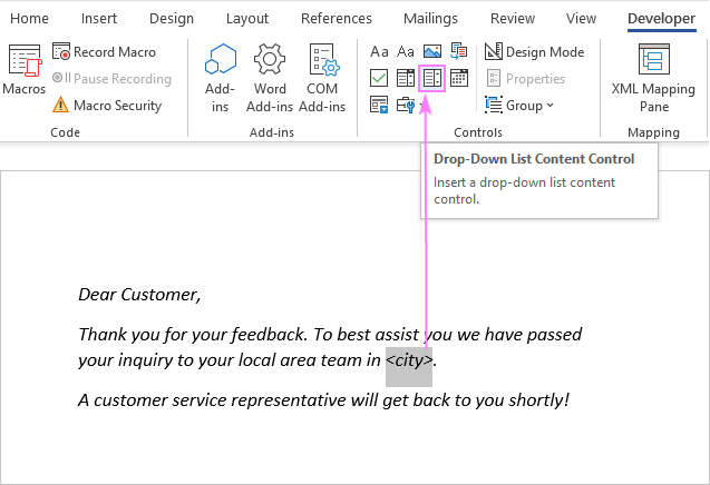 Insert a drop-down control in a Word document.