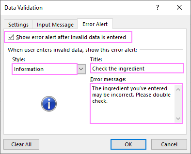 Create an editable dropdown list with a message.