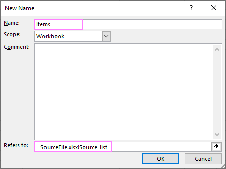 Defined a name that references the source list.