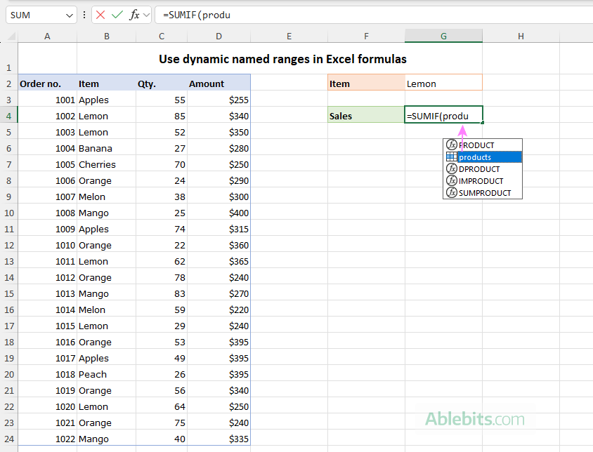 Add a dynamic named range to an Excel formula.
