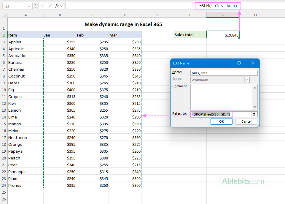 A dynamic named range that uses whole-column references and excludes the header row.