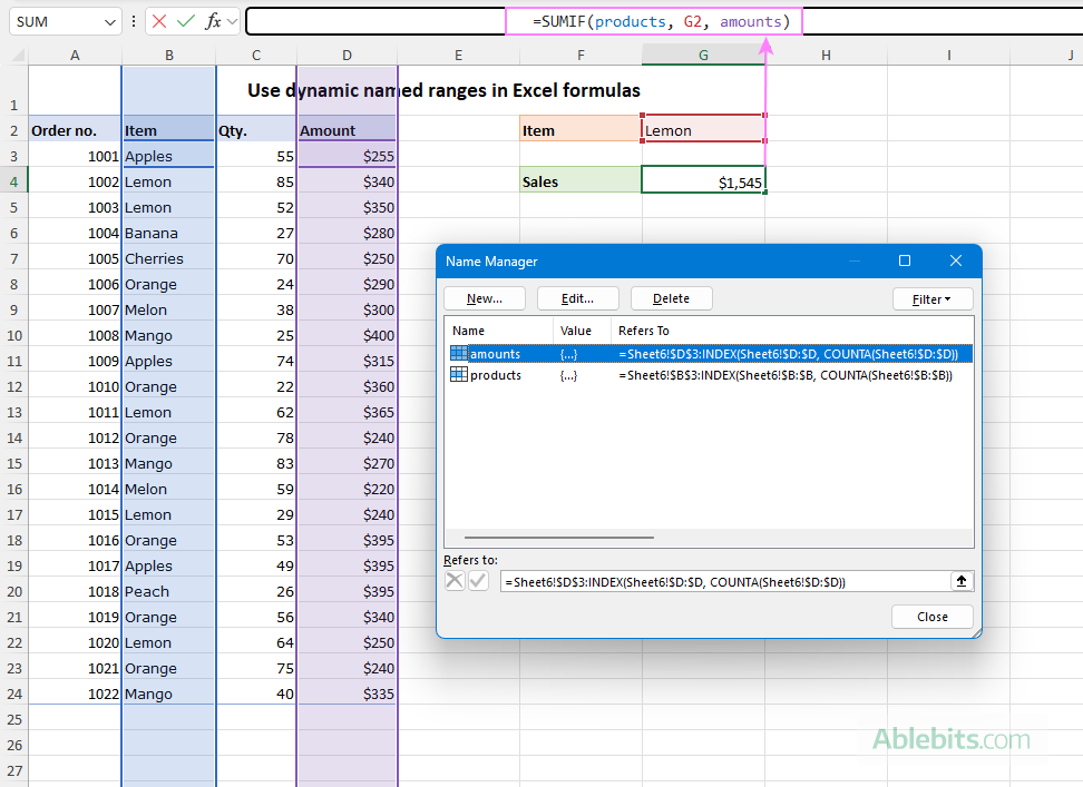 A dynamic Excel formula based on named ranges.