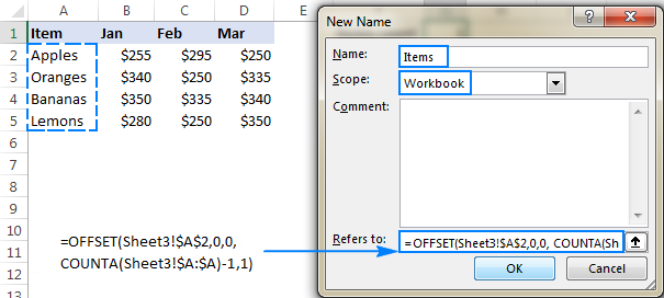 Excel dynamic named range how to create and use