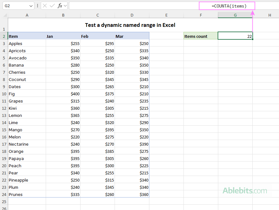 Test the dynamic named range in Excel.