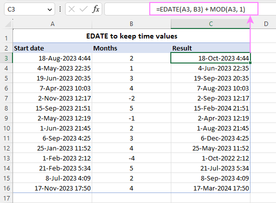 Get the EDATE function to keep time value.