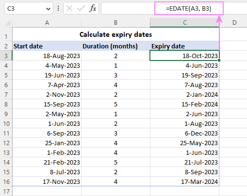 Calculating expiry dates with EDATE