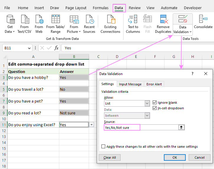 Edit a drop-down list in Excel.