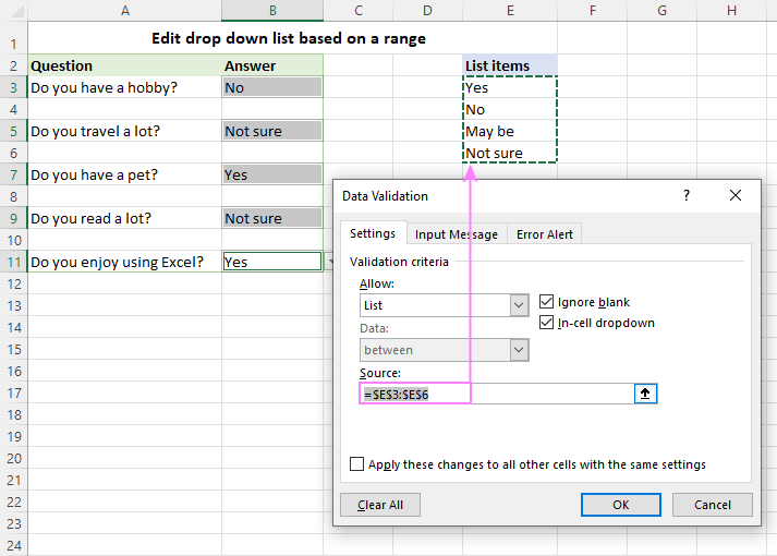 Edit an Excel drop-down menu based on a range of cells.
