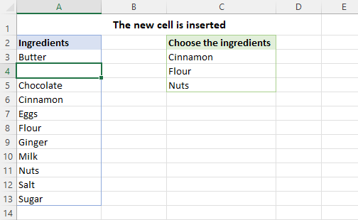 A new blank cell is inserted in the items list.