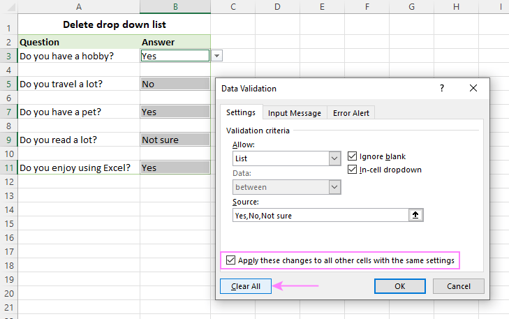 Delete a drop-down list from all cells in the current sheet.