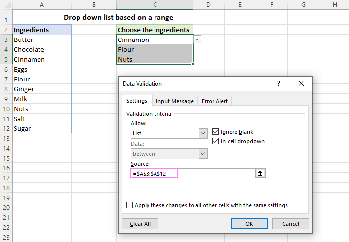 An Excel drop-down list based on a range of cells.