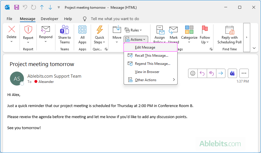 Edit your copy of a sent email in Outlook.