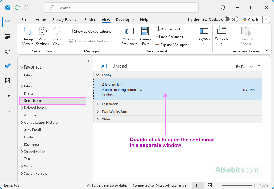 Open the sent email in a separate window.