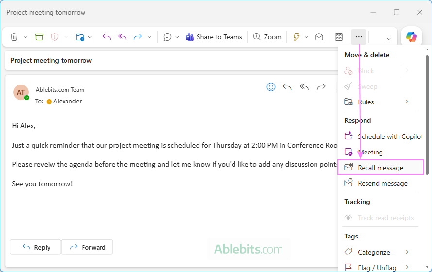 Recall a sent message in the new Outlook.