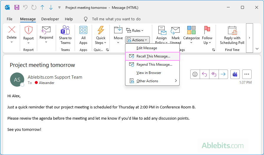 Recall a sent email in Outlook.