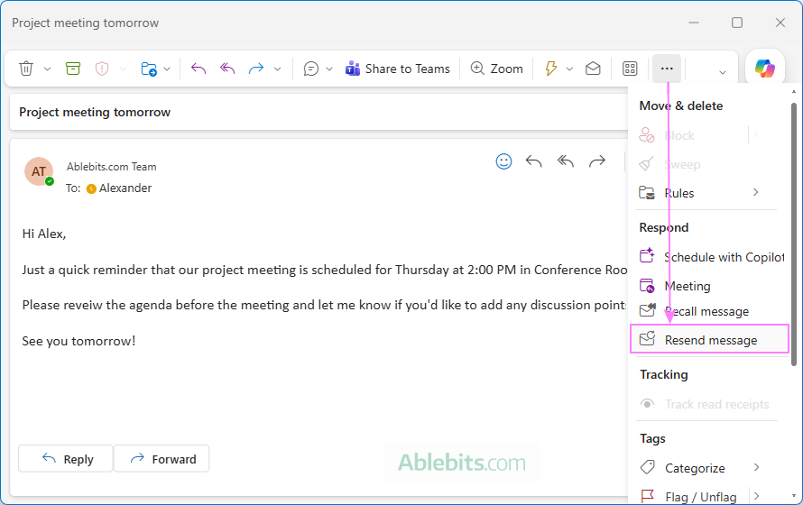 Send a corrected version of a previously sent email in the new Outlook.