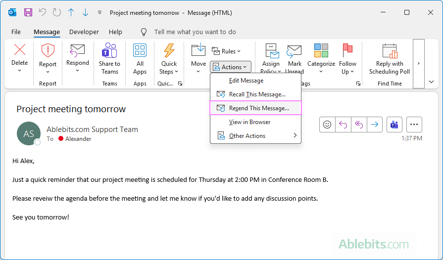 Resend the corrected email in Outlook 365.