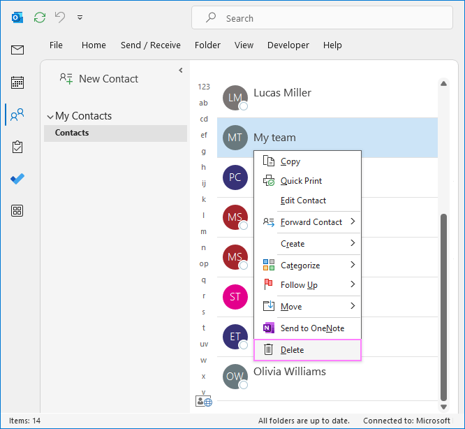 Delete an email group in Outlook.