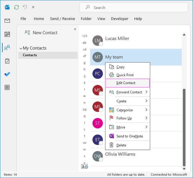 Edit an email group in Outlook.